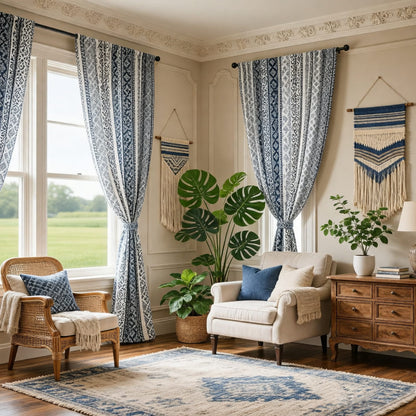 Mediterranean Indigo Moroccan Scrollwork Cotton Linen Curtains