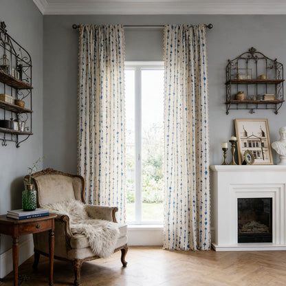 Tranquil Blue Raindrops Stripes Linen Blend Curtains