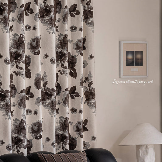 Retro Gray Ink Rose Jacquard Curtain Artistic Chenille