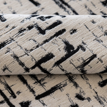 Modern Minimalist Ivory Black Chenille Jacquard Abstract Line Geometric Curtains