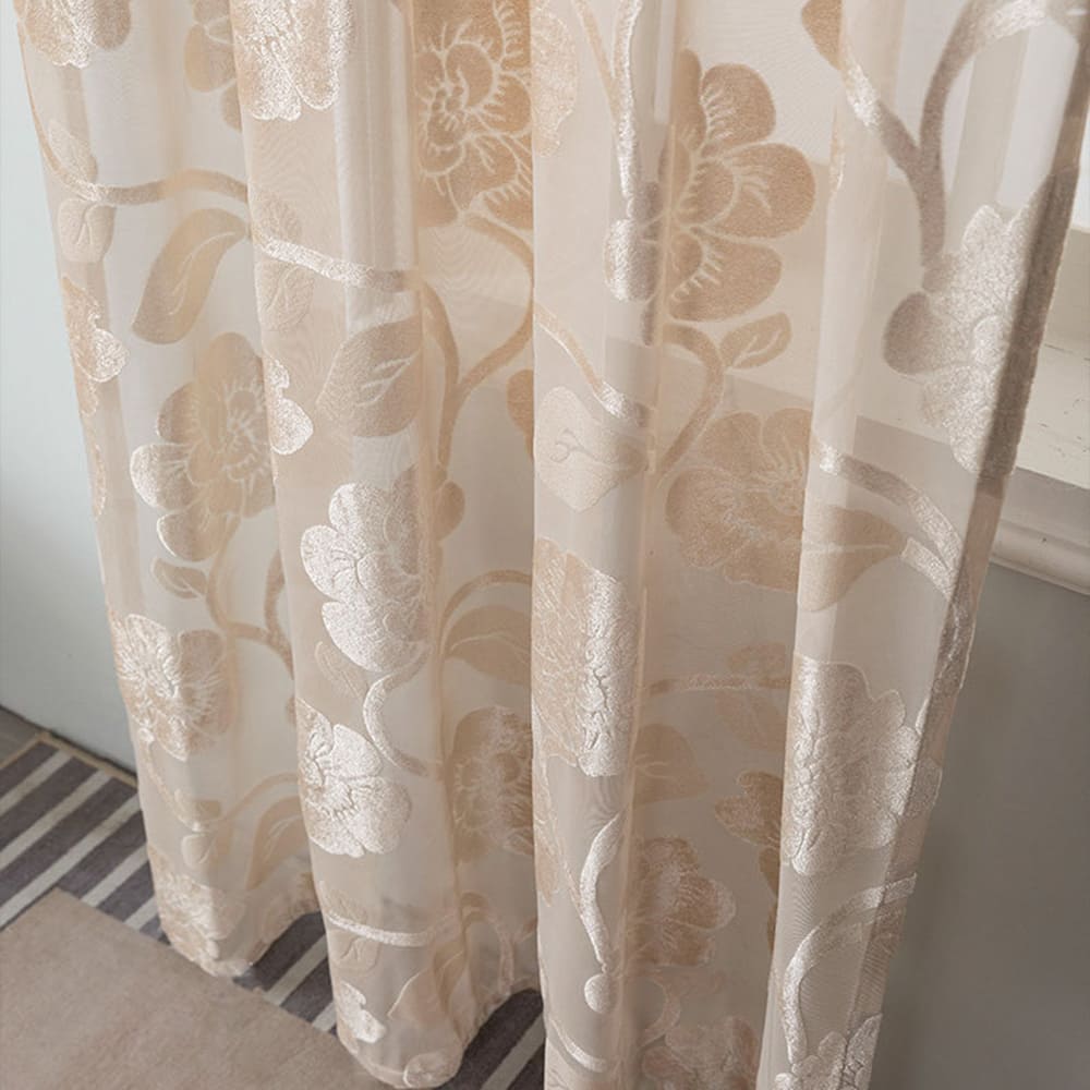 Beige Ciselé Velvet Jacquard Floral Sheer Curtains