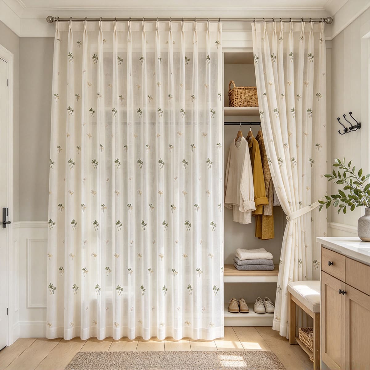 Cream Linen Sheer Curtains with Colorful Floral Embroidery