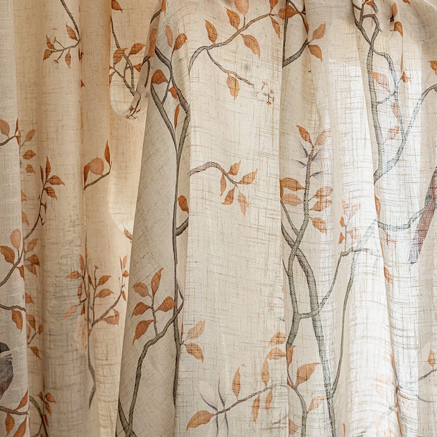 Warm Tone Linen Sheer Autumn Branch & Songbird Privacy Pinch Pleat Sheer Curtain