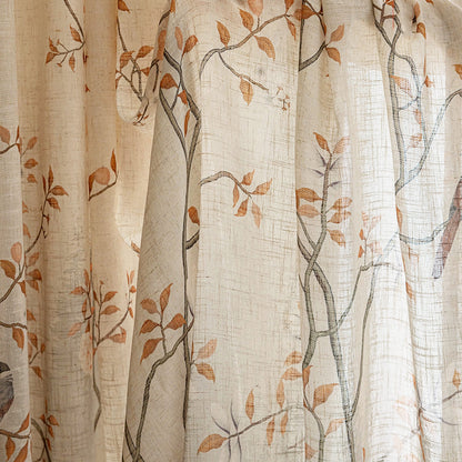 Warm Tone Linen Sheer Autumn Branch & Songbird Privacy Pinch Pleat Sheer Curtain