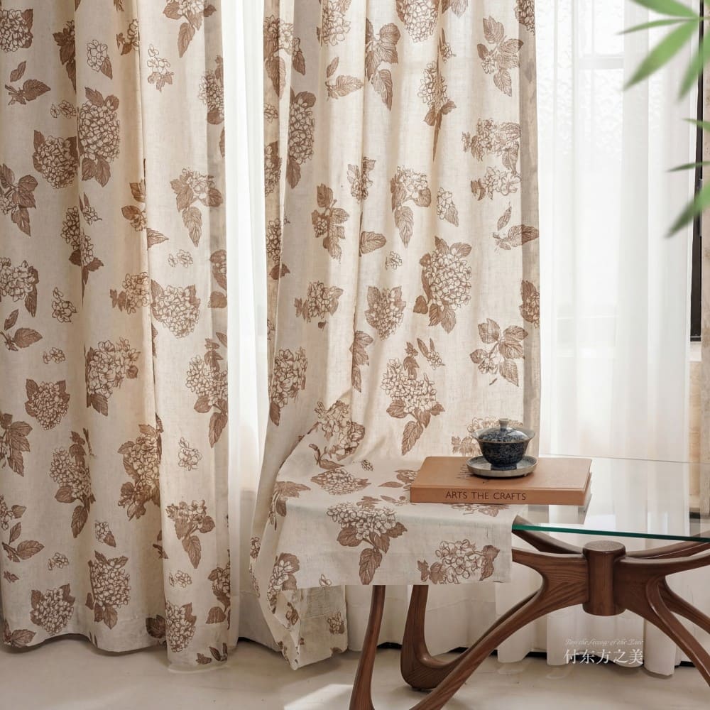 Vintage Brown Natural Linen Hydrangea Print Curtains