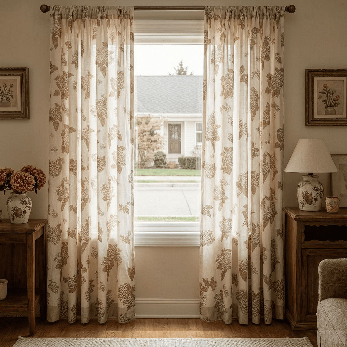 Vintage Brown Natural Linen Hydrangea Print Curtains