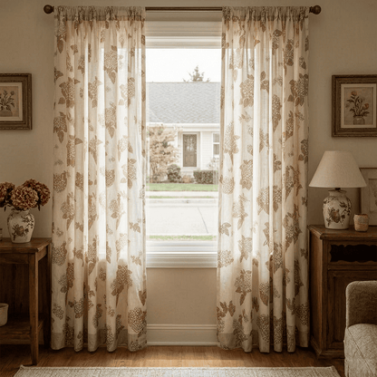 Vintage Brown Natural Linen Hydrangea Print Curtains
