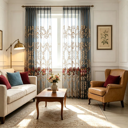 Luxury Baroque Teal Blue Gold Embroidered Floral Sheer Curtains | Vintage Victorian Window Drapes