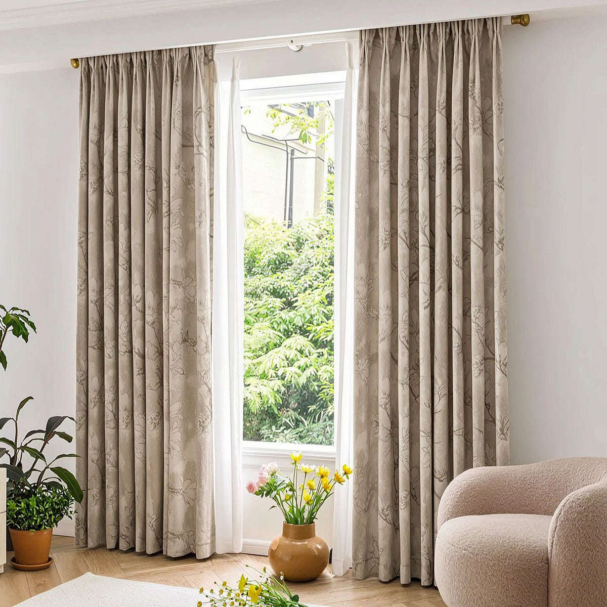 Double Sided Chenille Magnolia Floral Jacquard Curtains for Living Room