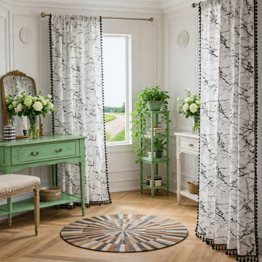 Rideaux de fenêtre en coton et lin imprimé Mable blanc, Style américain, avec glands noirs
