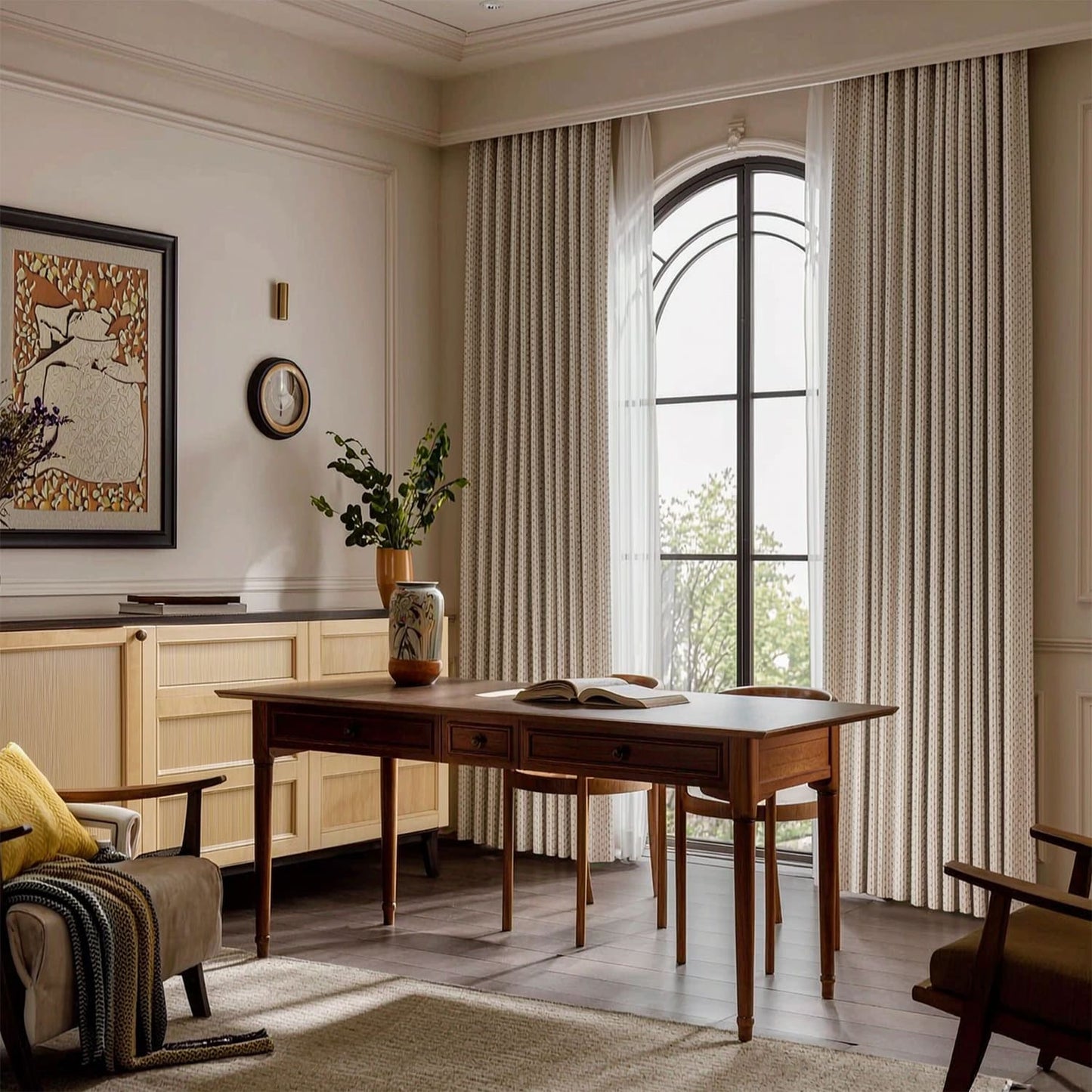 Minimalist Beige & Black Vertical Dot Striped Curtains