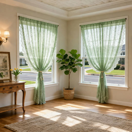 Charming Mint Green Lace Ruffled Sheer Curtains