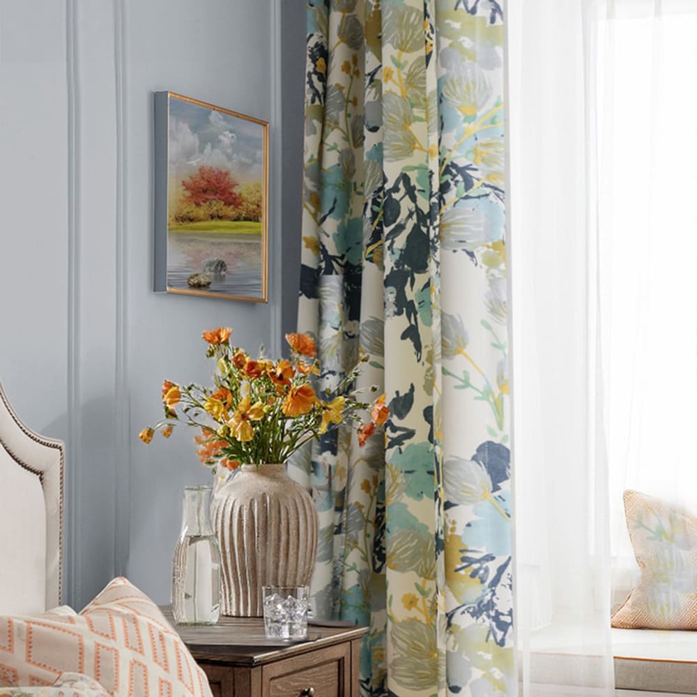 Vibrant Teal & Mint Watercolor Botanical Vine Pinch Pleat Curtains