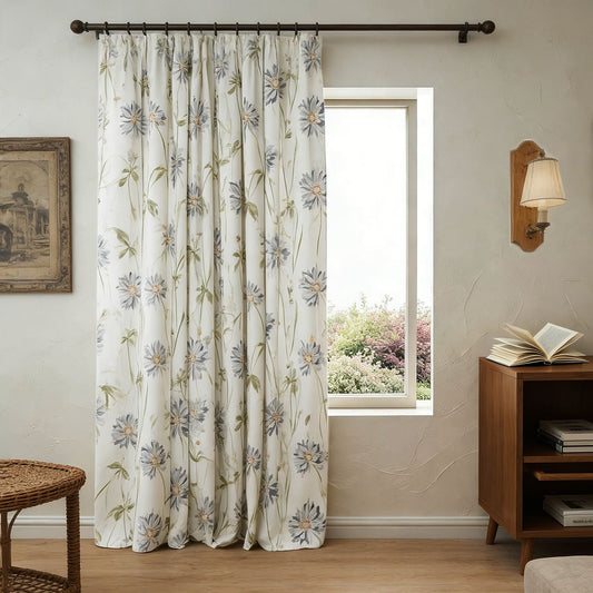 Misty Blue Daisy Whisper Watercolor Cream Curtains