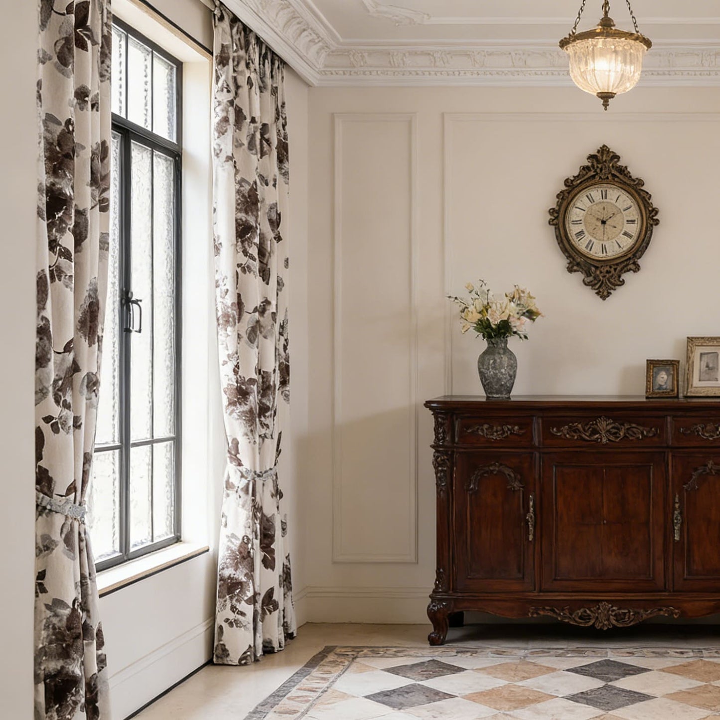 Modern Elegant Ivory Dark Watercolor Floral Chenille Drapes