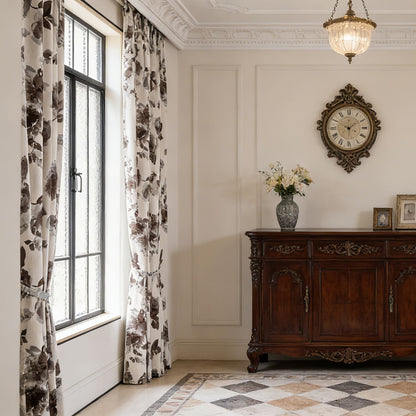 Modern Elegant Ivory Dark Watercolor Floral Chenille Drapes