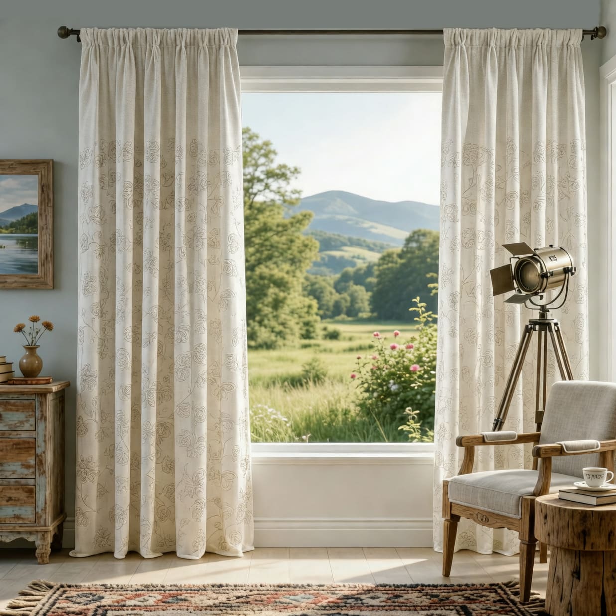 Natural Linen Rope Embroidery Flower Unique Curtains Drapes