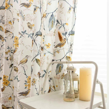 White Yellow Gray Birds Floral Curtains Living Room Blackout Drapes