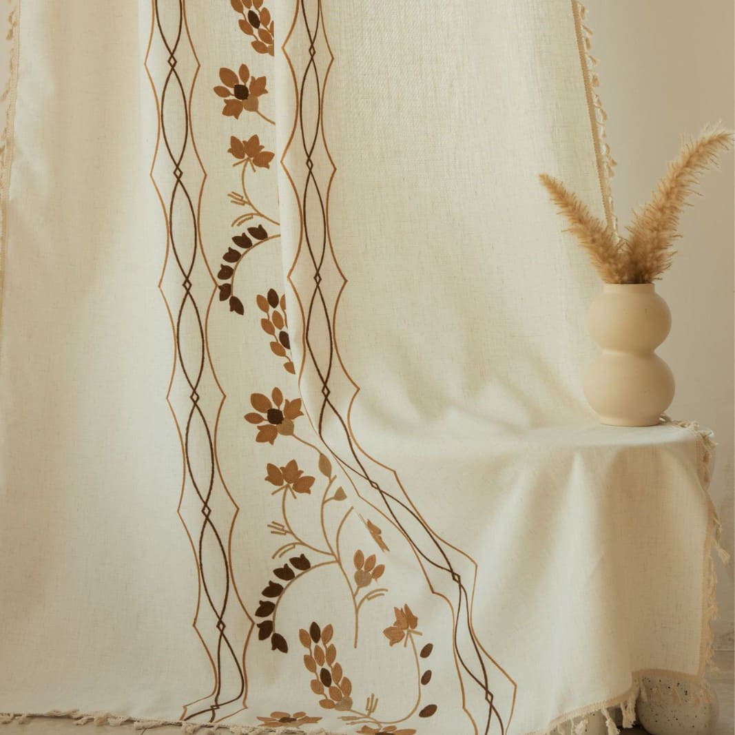 Rustic Vintage Embroidered Floral Linen Curtain with Tassels Custom Length