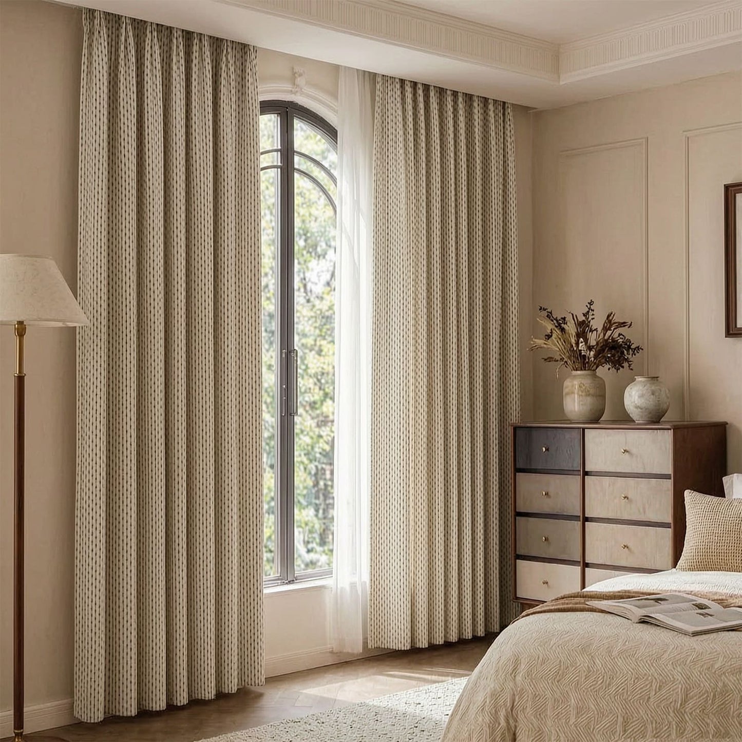 Minimalist Beige & Black Vertical Dot Striped Curtains