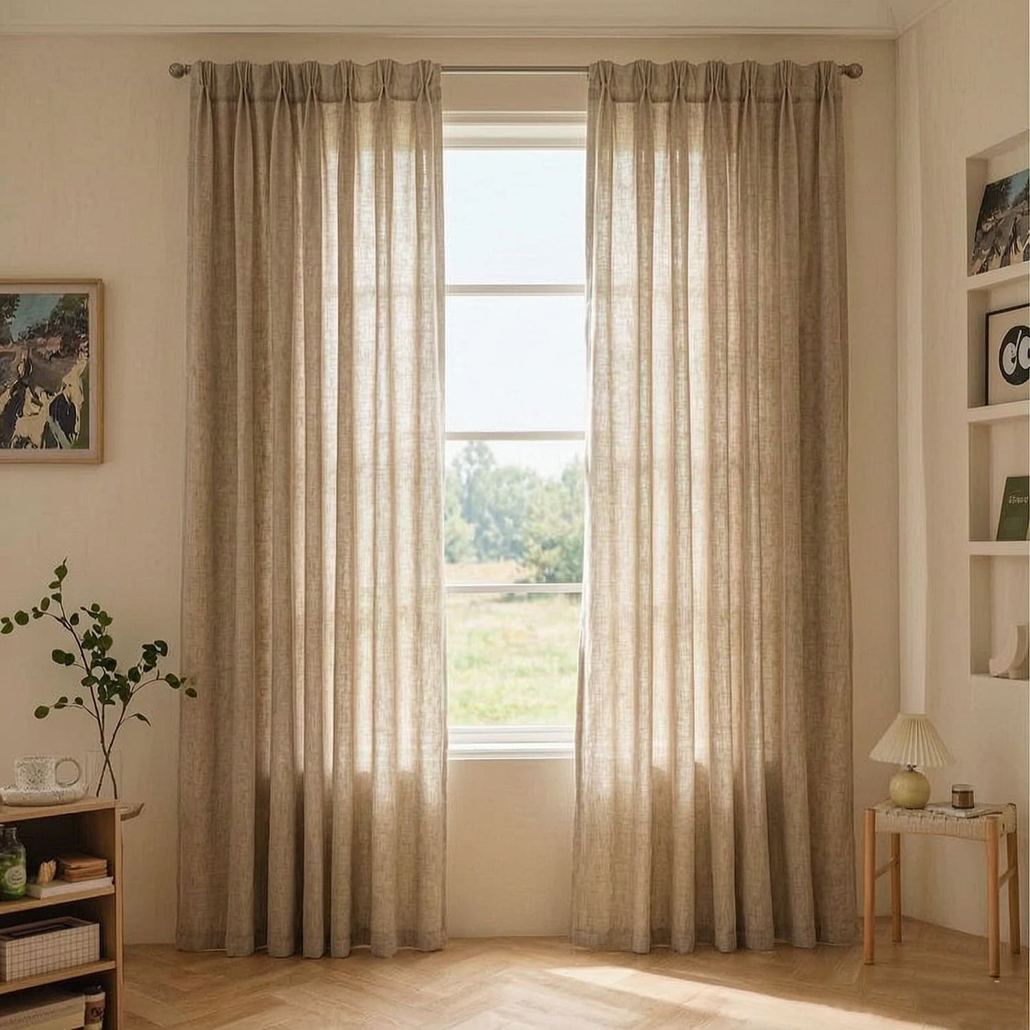 Earthy Natural Flax Beige / Oatmeal Linen Textured Sheer Curtains