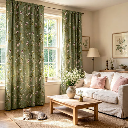 Classic Retro Kale Green Curtains Birds Peach Country Drapes