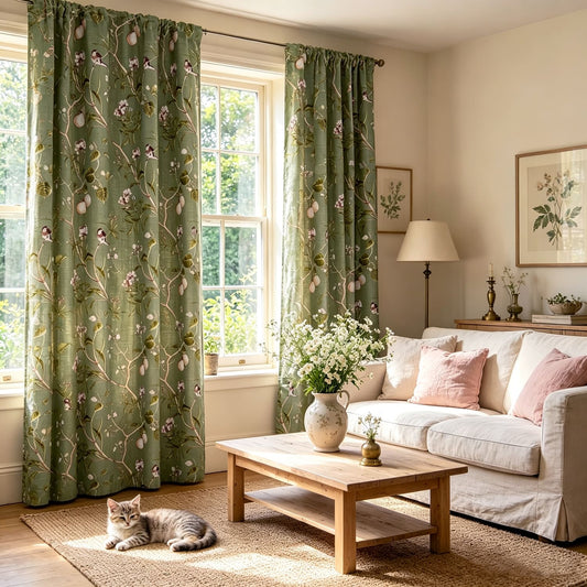 Classic Retro Kale Green Curtains Birds Peach Country Pinch Pleat Drapes
