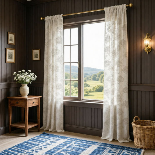 Natural Linen Rope Embroidery Flower Unique Curtains Pinch Pleat Drapes