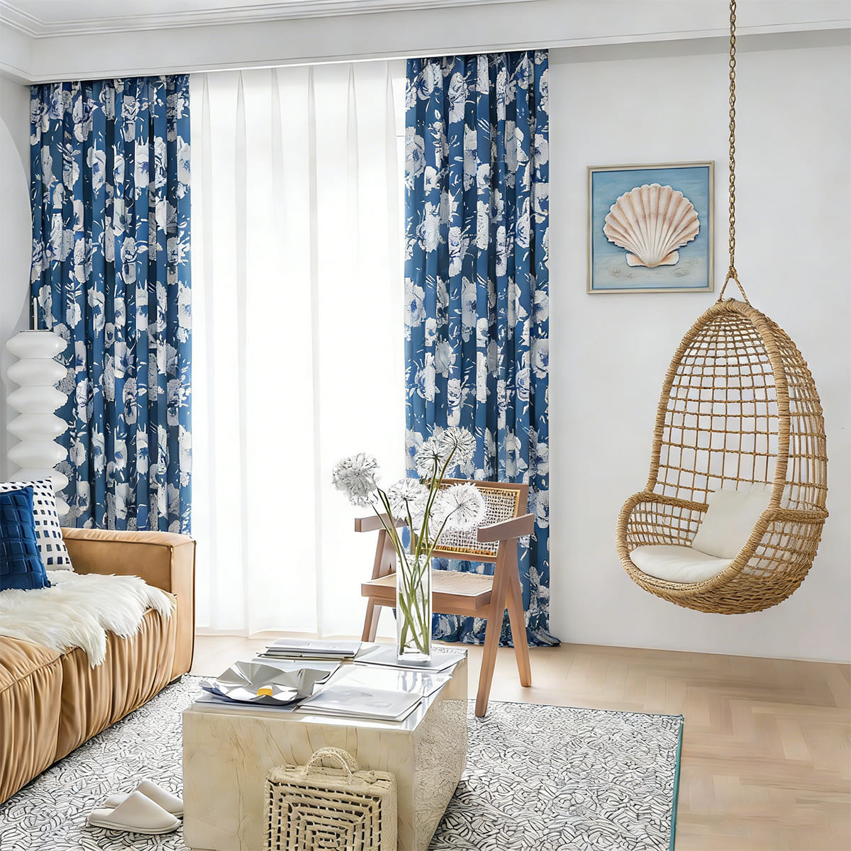 White Peony Navy Blue Curtains Floor-Length Drapes