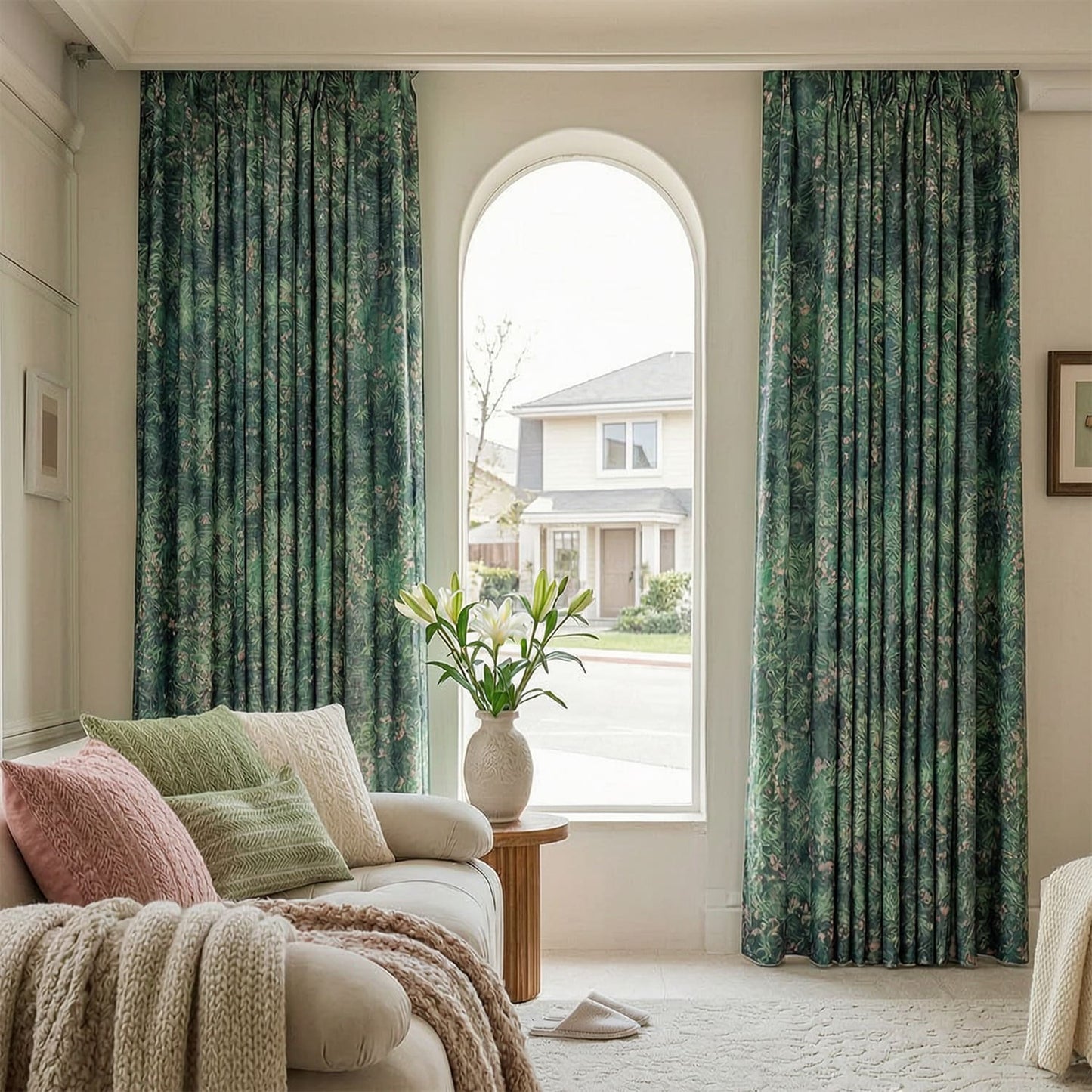Monet’s Meadow Spring Vale Pink Wildflower Emerald Oil Print Curtains