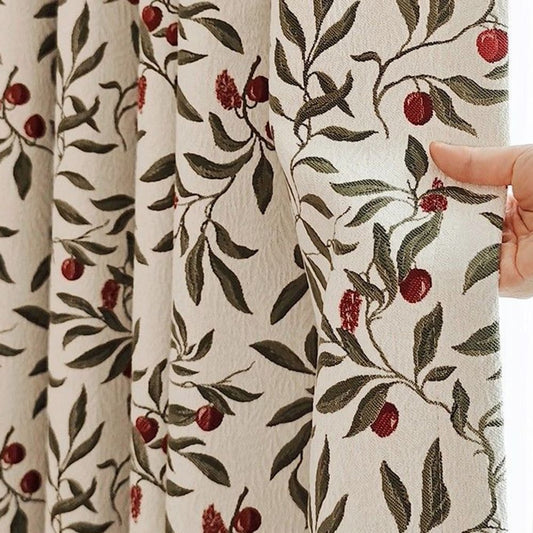 Olive Green Leaf & Red Berry Cream Base Curtains