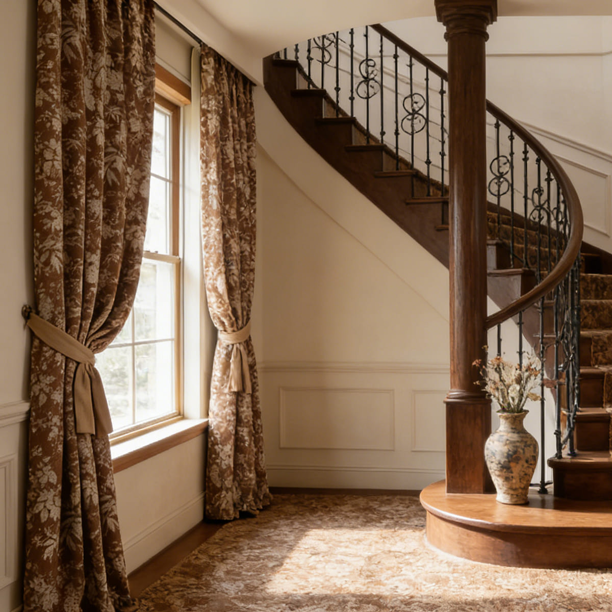 Warm Vintage Earthy Brown Floral Botanical Retro Chenille Curtains