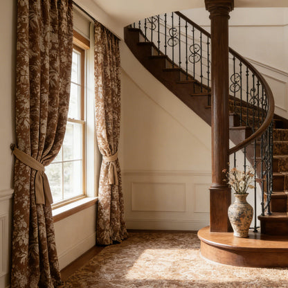 Warm Vintage Earthy Brown Floral Botanical Retro Chenille Curtains