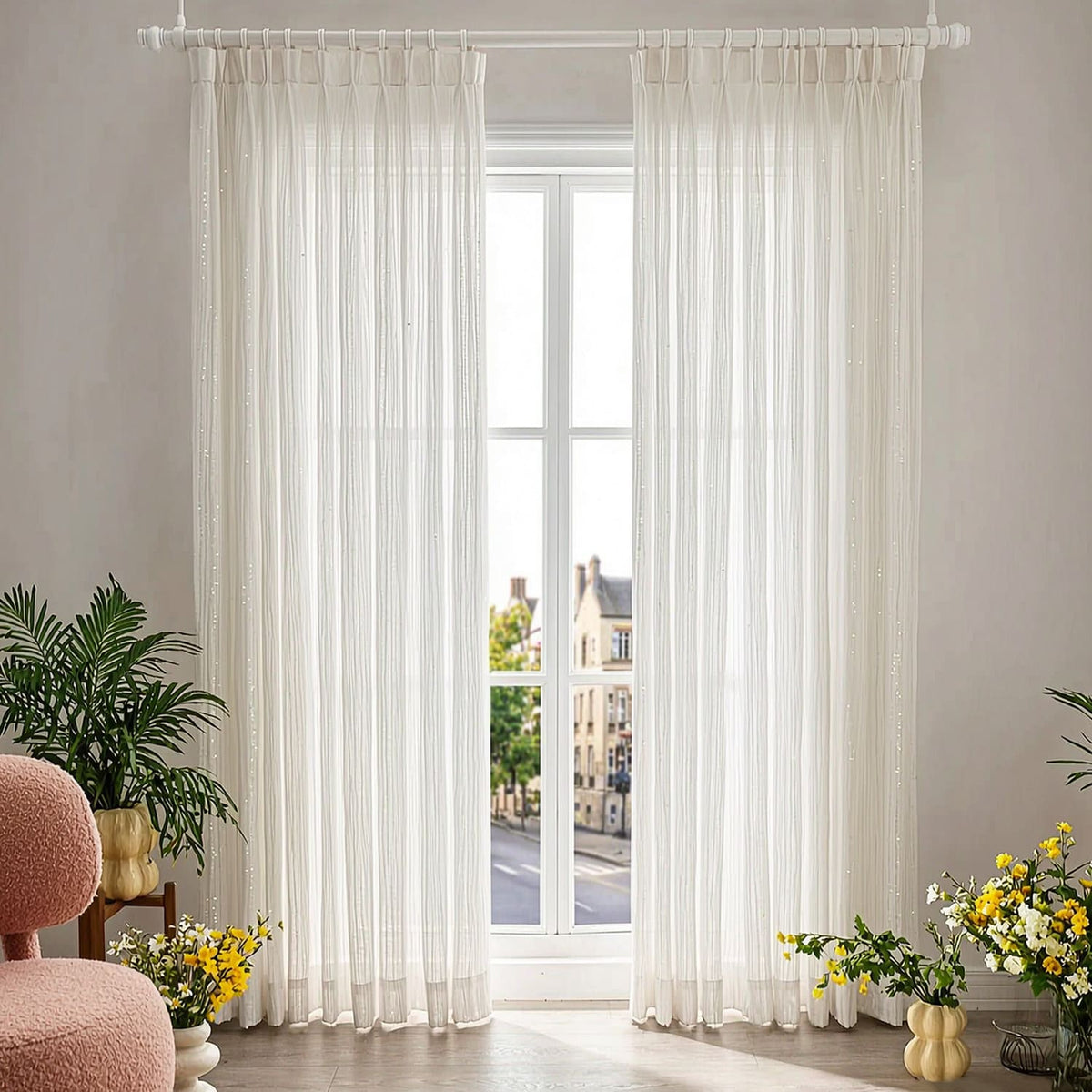Chic Gleaming White Wave Sheer Curtain with Subtle Sparkle