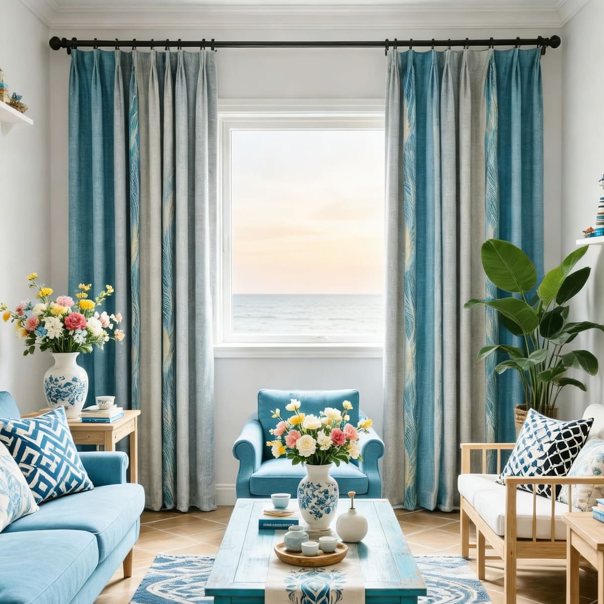 Flowing Dream Curtains Blue Gray Striped Art Painting Drapes