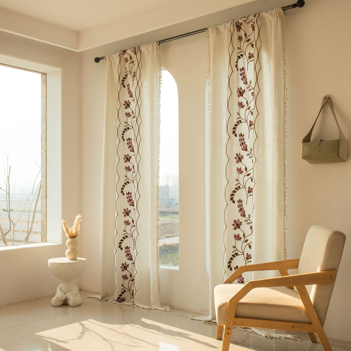 Rustic Vintage Embroidered Floral Linen Curtain with Tassels Custom Length
