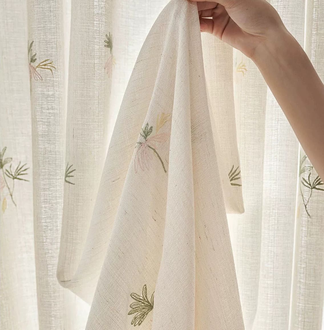 Cream Linen Sheer Curtains with Colorful Floral Embroidery