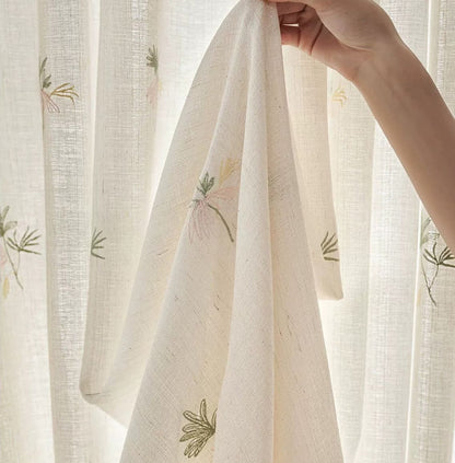 Cream Linen Sheer Curtains with Colorful Floral Embroidery