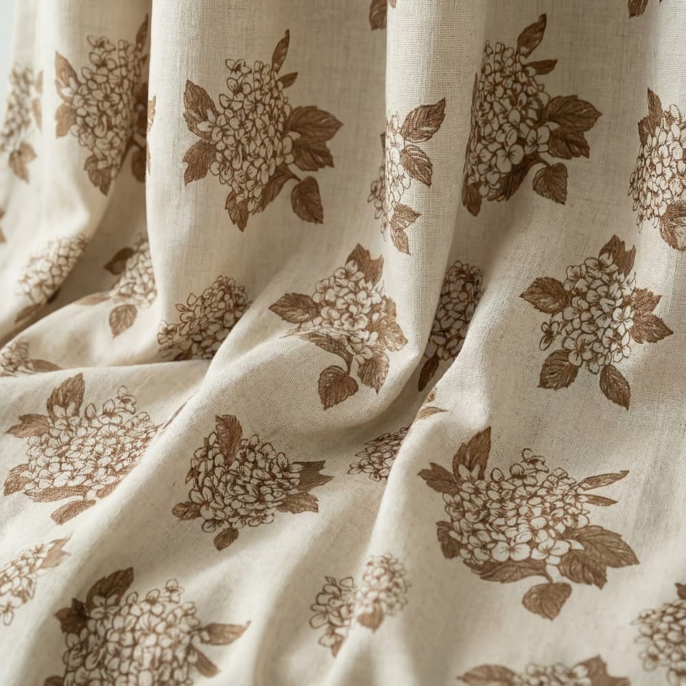 Vintage Brown Natural Linen Hydrangea Print Curtains
