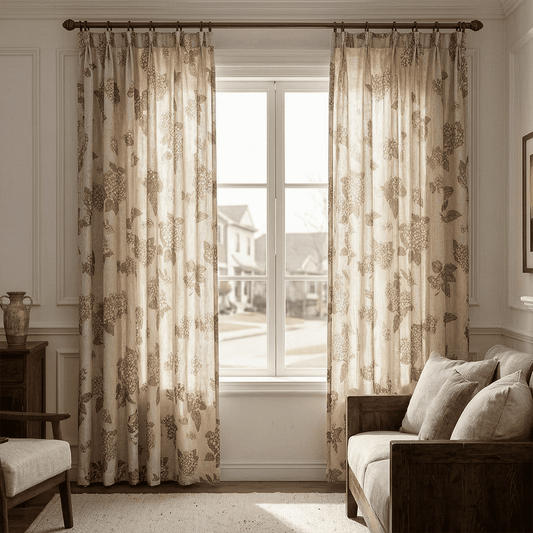 Vintage Brown Natural Linen Hydrangea Print Curtains