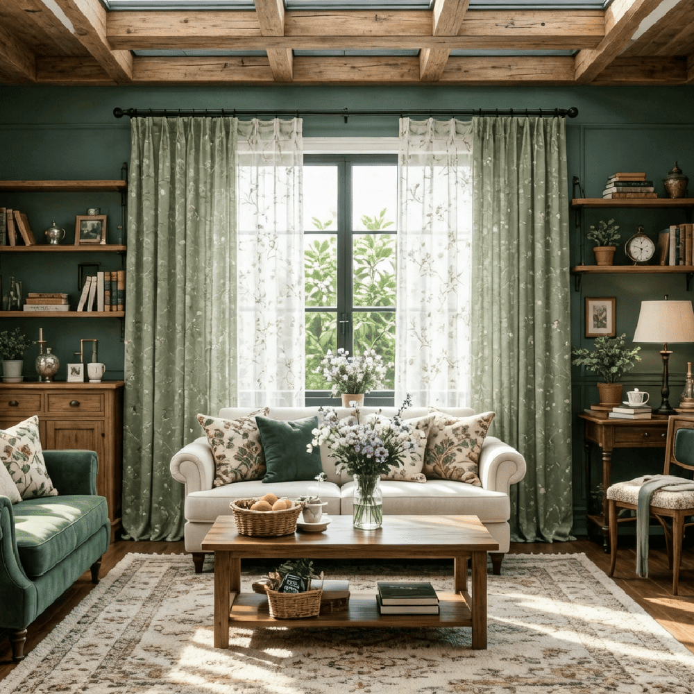 Classic Retro Kale Green Curtains Birds Peach Country Drapes