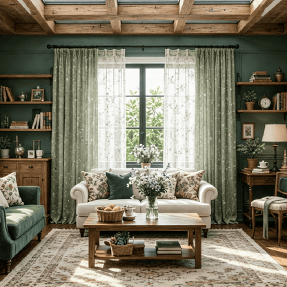 Classic Retro Kale Green Curtains Birds Peach Country Drapes