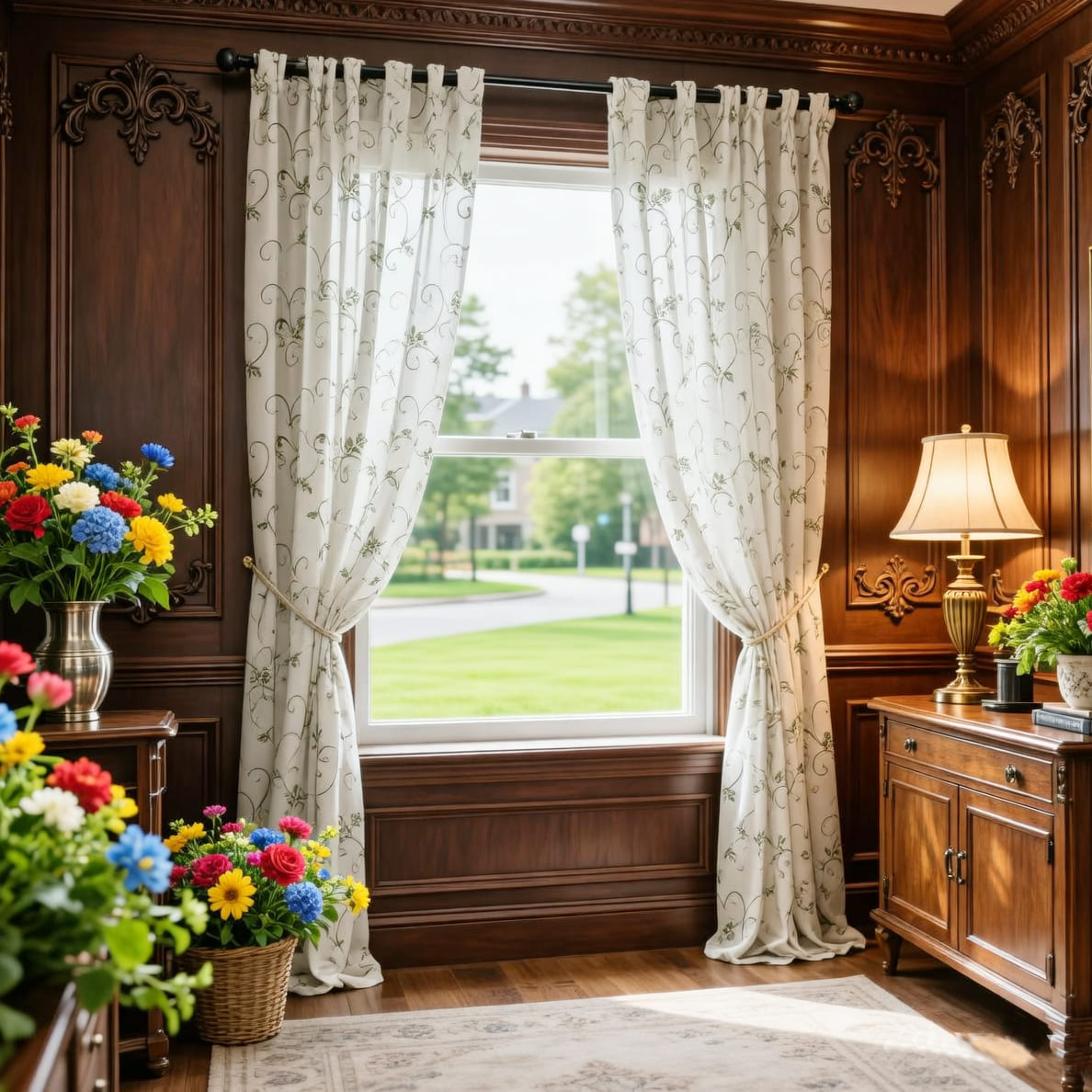 Embroidered Green Vine Curtains Linen Drapes for Livingroom