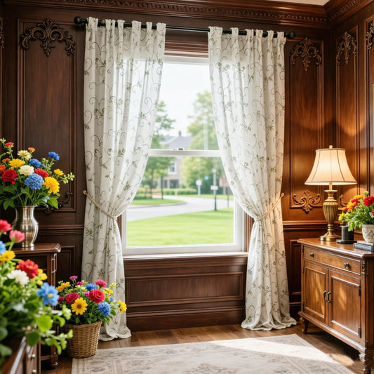 Embroidered Green Vine Curtains Linen Drapes for Livingroom