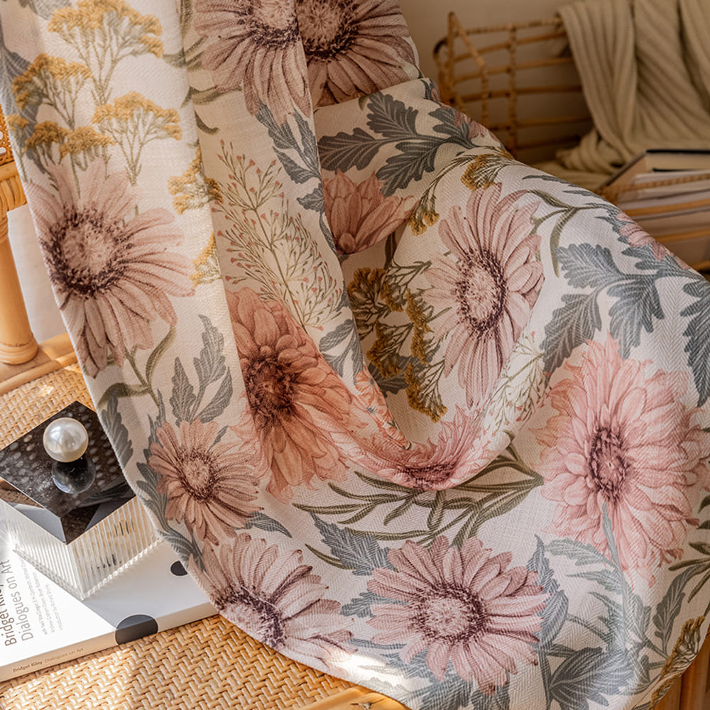 Vintage Country Beige Pink Daisy Floral Curtains