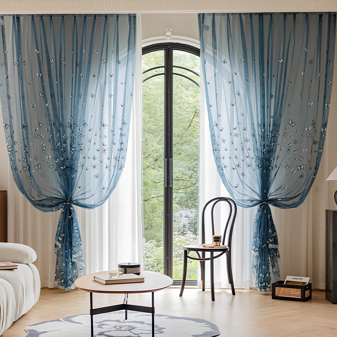 Ethereal Dreamy Shimmering Blue Butterfly Embroidery Whimsical Sheer Curtains