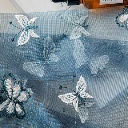 Ethereal Dreamy Shimmering Blue Butterfly Embroidery Whimsical Sheer Curtains