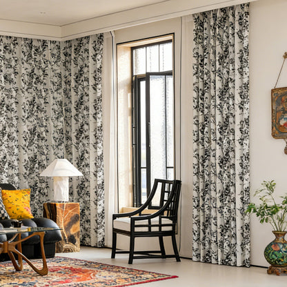 Modern Black Silhouette Floral Vine Chenille Jacquard Curtains Drapes