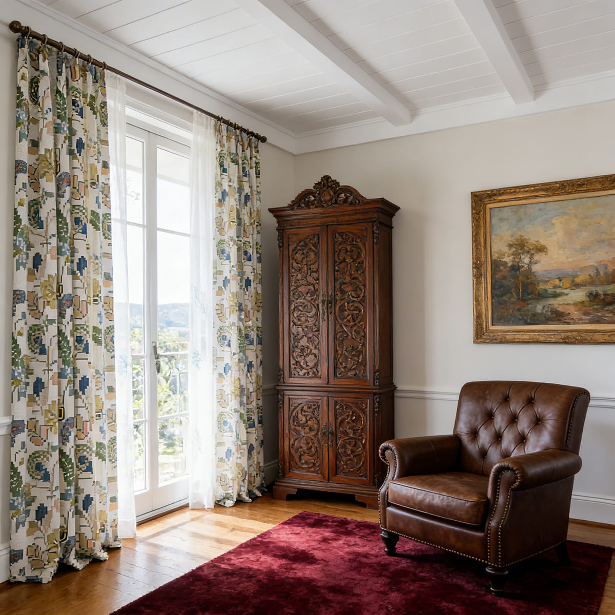 Contemporary Ivory-Base Soft Tone Green & Blue Lush Floral Modern Curtains