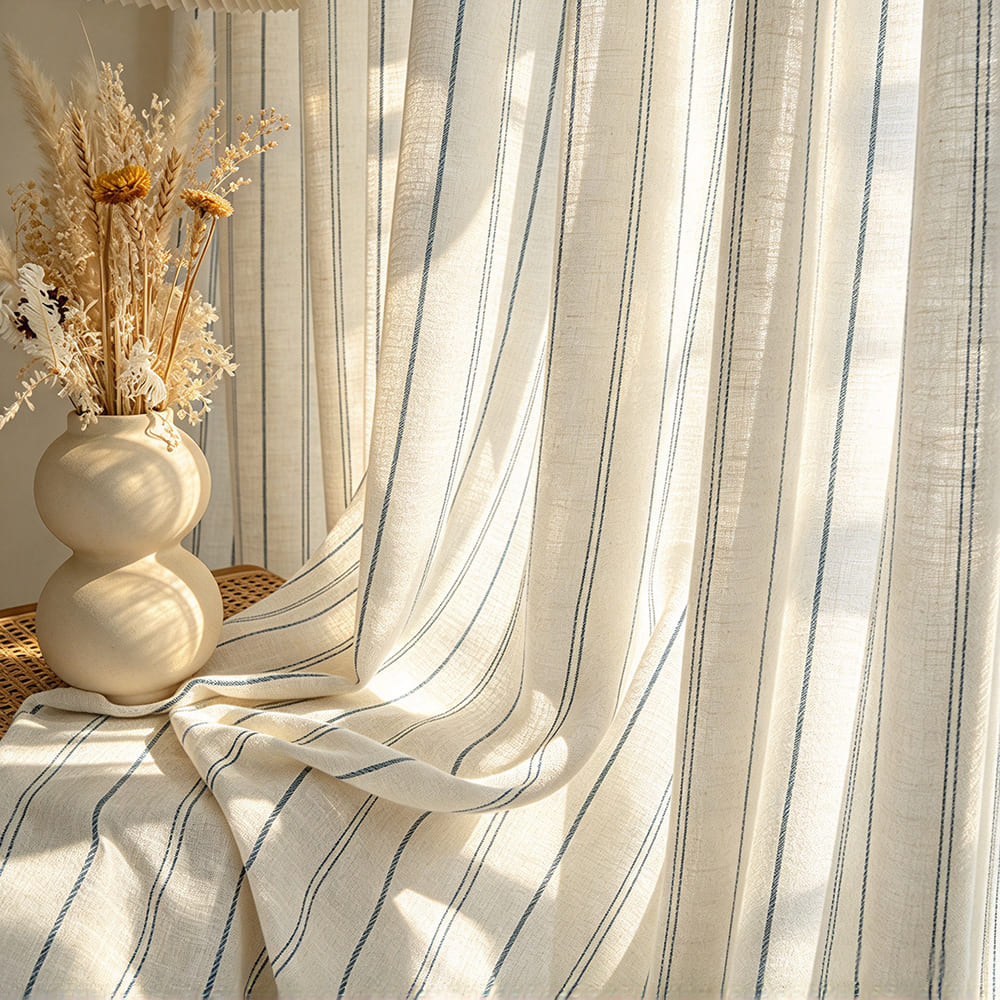 Rideaux transparents rayés gris jaune pour chambre/salon 2 panneaux